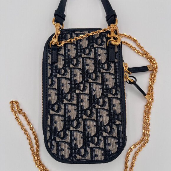 Dior Montaigne Phone Holder with Chain Strap - Blue Oblique Jacquard - Picture 3 of 11